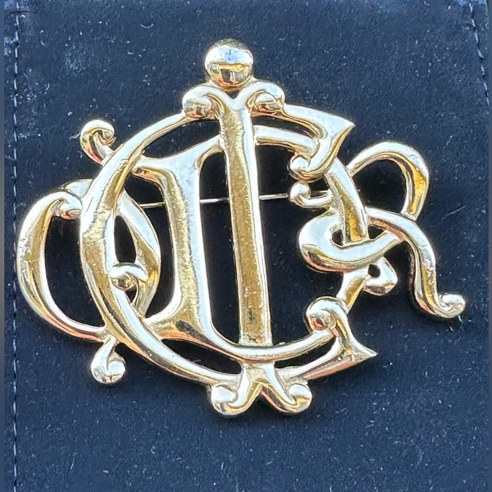 Genuine vintage CHRISTIAN DIOR intertwined logo crest brooch pin gold Authentic - Picture 2 of 14